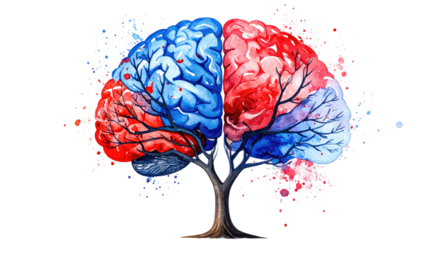 Watercolor depiction of a brain-shaped tree, with red and blue hues, on a black background