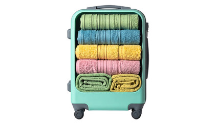 Suitcase neatly packed with colorful towels, stacked and rolled, ready for travel on a black background