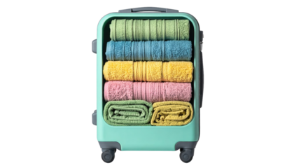 Suitcase neatly packed with colorful towels, stacked and rolled, ready for travel on a black background