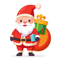 A cute cartoon illustration of Santa Claus in his traditional red suit carrying a small gift and a large sack filled with presents.
