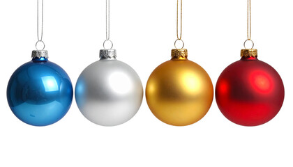 Hanging Christmas baubles set silver blue gold red ornaments, isolated on transparent background