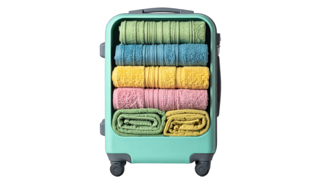 Suitcase neatly packed with colorful towels, stacked and rolled, ready for travel on a black background