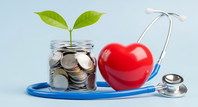 A healthy financial future grows from careful saving and investment symbolized by a plant sprouting from coins in a jar next to a heart and stethoscope