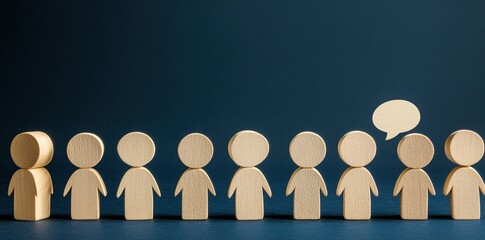 A group of wooden figures, one standing out with a speech bubble.