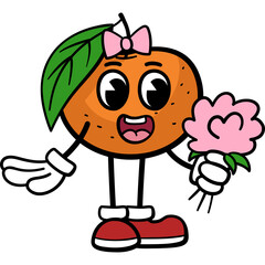 Retro Cartoon Orange Character Holding a Pink Flower Bouquet With a Pink Bow and Green Leaf on Transparent Background