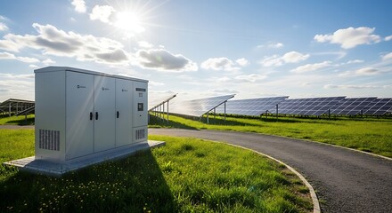 Modern electrical inverter box stands in a grassy field next to a curved gravel path leading towards a vast solar panel farm under a bright sunny sky with scattered clouds