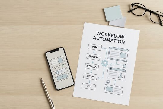 Workflow automation chart with phone and copy space