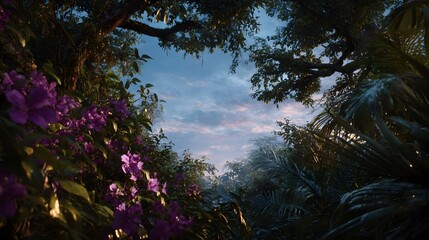 Lush tropical foliage with vibrant purple flowers frames a soft cloudy sky at dawn