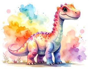 A vibrant, watercolor-style illustration of a cheerful dinosaur with rainbow-colored cloud background