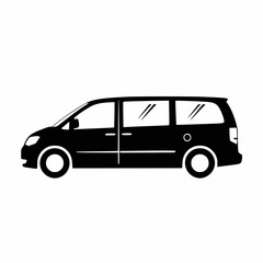 Fototapeta premium Side view of a sleek, solid black vector silhouette icon representing a minivan, passenger van, or family car, perfect for travel, transport, and shuttle service designs. 