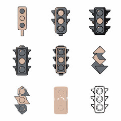 Set of nine varied vector icons for traffic lights, stoplights, and pedestrian signals, featuring different styles, shapes, and color combinations for transport and city design projects.