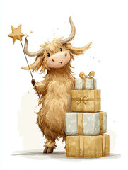 Illustration of cute cow holding a star wand beside Christmas gifts.  Template of greeting card, invitation, gift tag