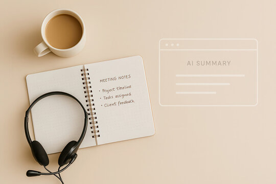 Horizontal meeting notes with AI summary and headset