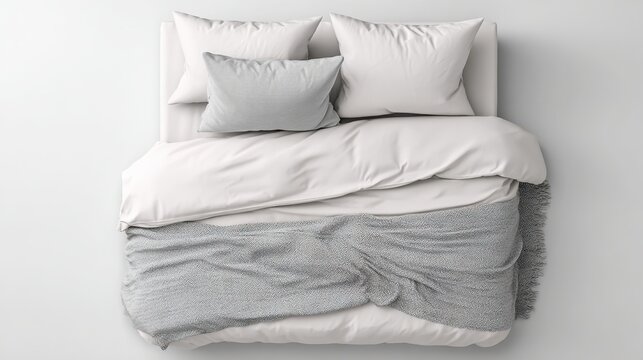 Minimalist white bed with pillows duvet and gray knitted throw blanket top view isolated on white background