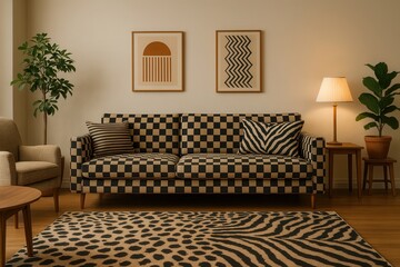 Checkered sofa with mixed patterns and balanced room decor