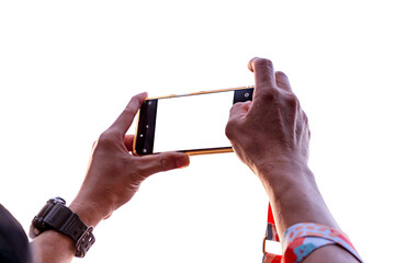 Closeup and back view hand of human hold and taking photography by smartphone isolated on white background.