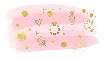 Pink watercolor stroke with golden wedding themed elements scattered on a black background space for text