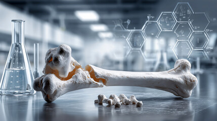 Human femur fracture illustration on background of scientific laboratory with chemical flasks and formulas, symbolizing orthopedic medicine and medical research concept