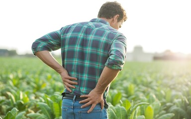 Farmer experiencing lower back pain while standing in a field of crops under a bright sunlit sky at sunset