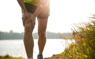 Close up of a runner s leg experiencing pain and holding their thigh muscle during an outdoor trail run near a lake with warm sunlight