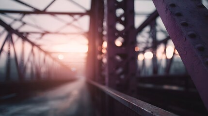 Atmospheric perspective of a purple steel bridge structure illuminated by warm sunset light creating a dreamy diffused ambiance