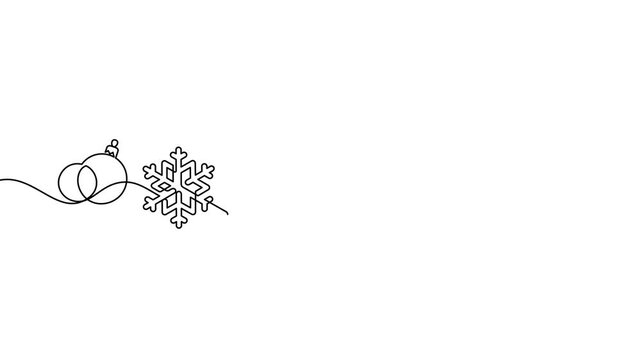 christmas celebration decorative ornament one line drawing continuous. winter season greeting xmas baubles, christmas tree and snowflake stars thin line illustration minimalism handdrawn 4k animation