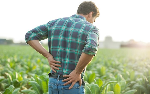 Farmer experiencing lower back pain while standing in a field of crops under a bright sunlit sky at sunset