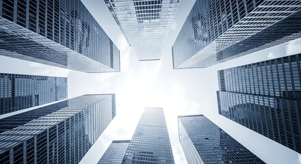 Looking up at towering modern skyscrapers with glass facades reflecting the bright sky creating a geometric pattern of urban architecture