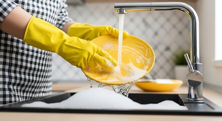 Close up of hands wearing yellow rubber gloves washing a bright yellow plate under running water in a kitchen sink with soap suds