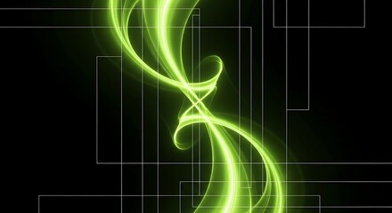 Abstract glowing green light trails forming a symmetrical energetic and dynamic spiral pattern against a dark background with subtle geometric lines