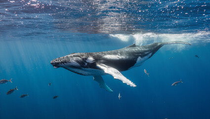 Fototapeta premium Majestic Underwater Humpback Whale Swimming Gracefully in Deep Blue Ocean
