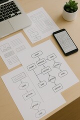 Obraz premium Workflow automation flowcharts with smartphone on desk