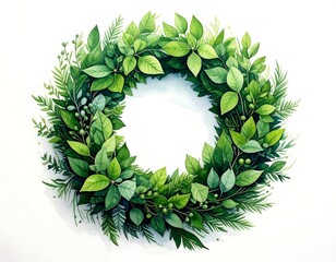 A vibrant, watercolor-style wreath composed of varied green leaves and foliage, set against white