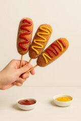 Korean corn dogs with condiments vertical