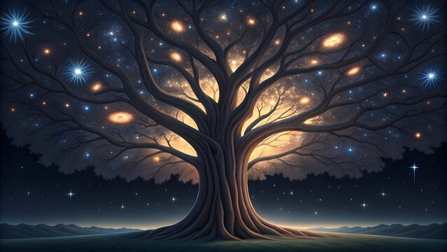 Magical ancient tree illuminated by glowing orbs and starry night sky
