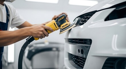 Professional auto detailer using a yellow polishing machine to buff and shine the white car s front bumper and grille in a clean workshop