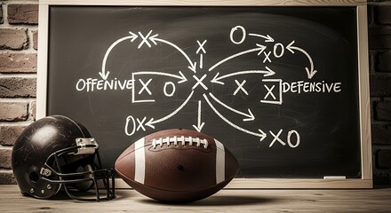 American Football Strategy Diagram on Chalkboard with Helmet and Ball - Tactical Planning for Game Success