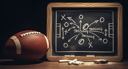 American football strategy on blackboard with ball and chalk A visual guide to the game's tactics and plays