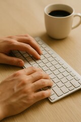 Hands typing on wireless keyboard with cup of coffee on wooden desk
