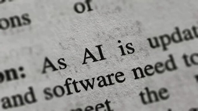 Closeup of artificial intelligence (AI) word or text printed on news articles, books or magazine white pages emphasize and highlight with background blur. AI technology growth, hype or concern concept