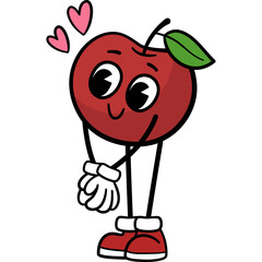 Retro Style Cartoon Apple Character with a Cheerful Expression and Red Shoes Expressing Affection with Pink Hearts on a White Background