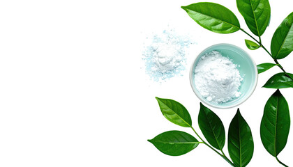 Bright-green leaves surround a light-blue bowl holding white powder, with a loose pile of powder nearby on black