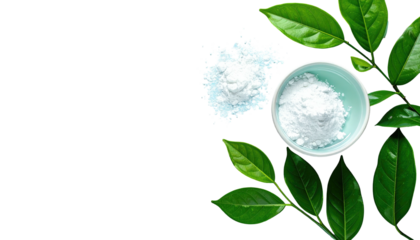 Bright-green leaves surround a light-blue bowl holding white powder, with a loose pile of powder nearby on black