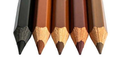 Five colored pencils in a row, ranging from dark to light brown, with sharp tips against a dark backdrop