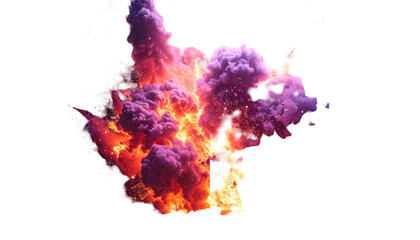 Intense fiery explosion bursts with vibrant oranges, reds, and purples against a stark black background
