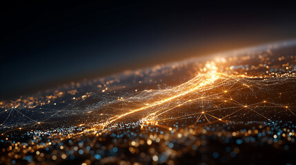 Illuminated Connectivity: A mesmerizing abstract depiction of interconnected global data streams, represented by luminous lines, weaving a network of information across the nightscape.
