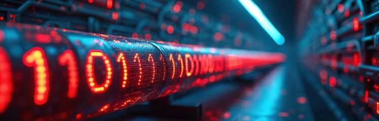 Red binary code flows through futuristic glowing tube in dark server room. Digital data stream travels through network infrastructure. Cyberpunk tech aesthetic.