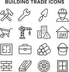 Building trade related icon collections. Containing tools, construction, material, crane, site, worker, structure, plan, equipment, and bricks icons. Outline icons.