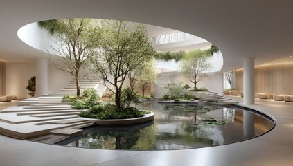 Modern, minimalist, tranquil interior design with a central water feature and lush greenery.