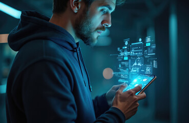 Man studies digital data on smart phone screen. Futuristic interface displays graphs charts. He works on mobile tech connection. Future digital business process analysis.